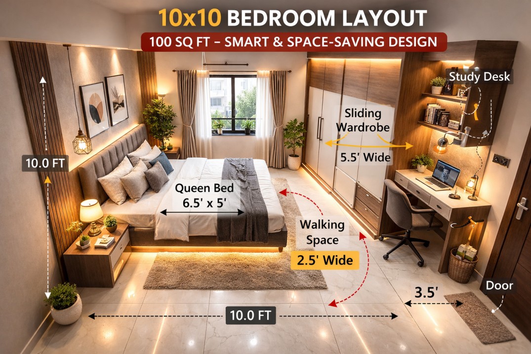 10x10 bedroom layout with wardrobe and study desk in Indian home Caption: A well-planned 10x10 bedroom showing a queen bed, sliding wardrobe, and walking space — all fitting within 100 sq ft