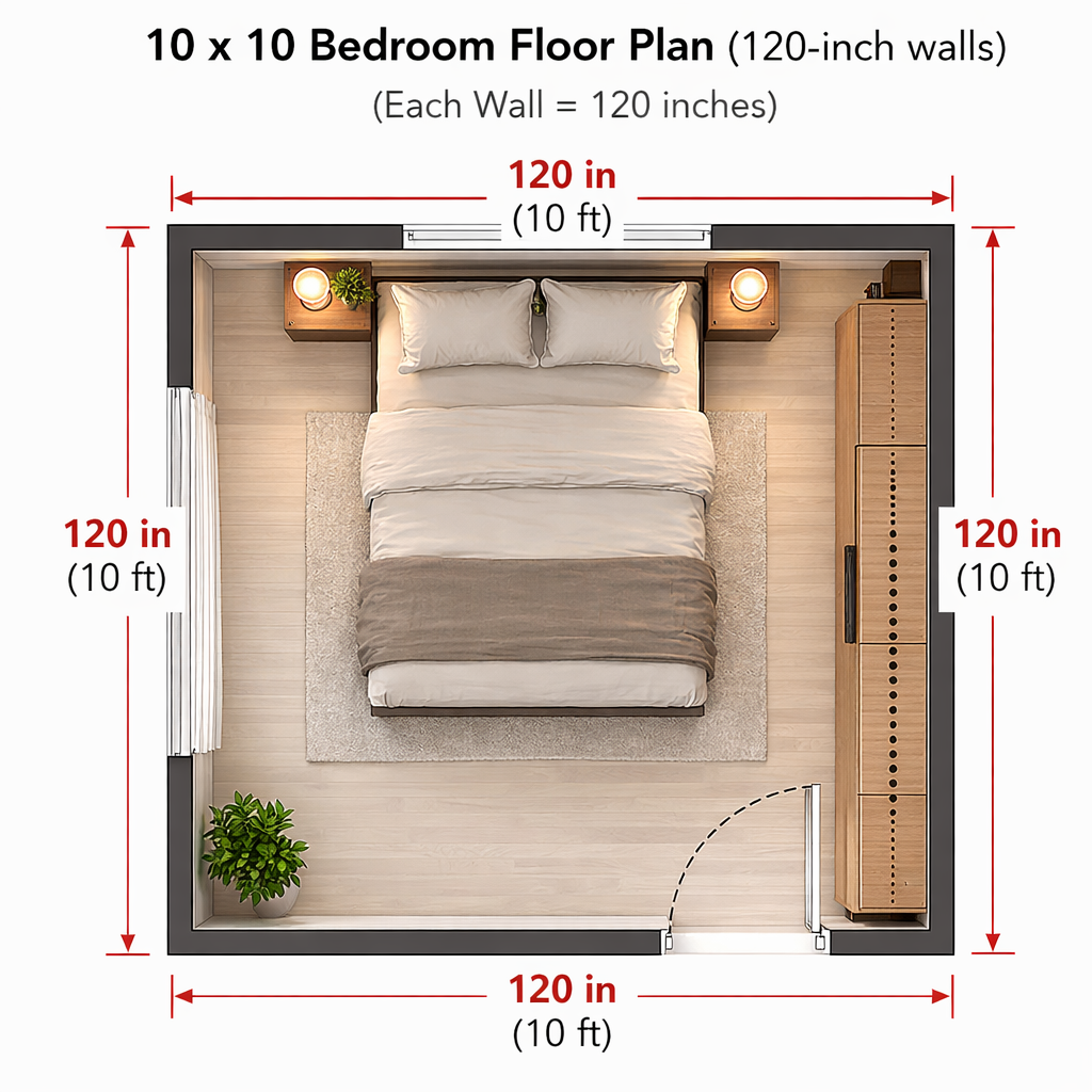 “10x10 bedroom layout dimensions diagram showing 120 inches by 120 inches room size”