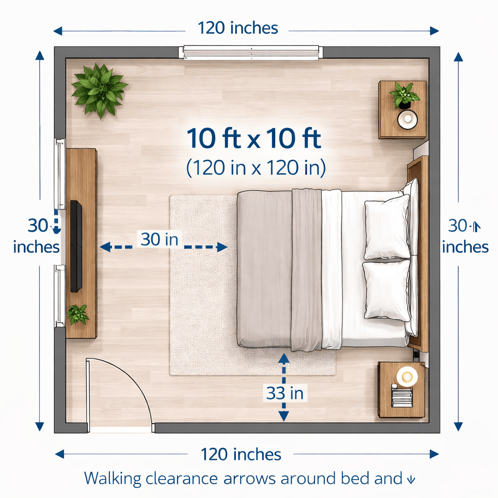 “minimum walking space around bed in 10x10 bedroom layout”