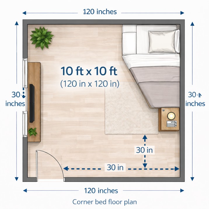 “center bed layout in 10x10 bedroom”