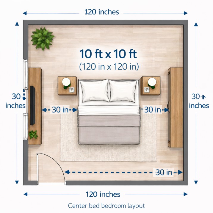 “center bed layout in 10x10 bedroom”