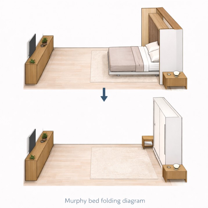 “murphy bed space saving small bedroom layout”
