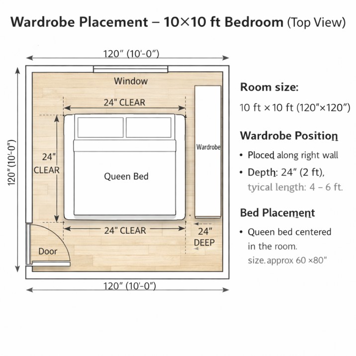 “wardrobe placement options in 10x10 bedroom