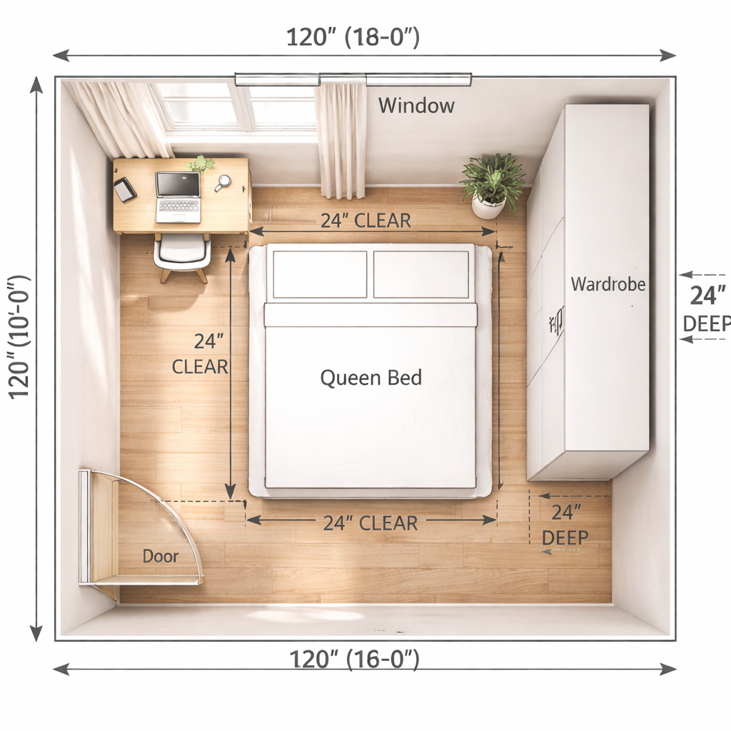10x10 bedroom layout design with bed wardrobe and desk placement